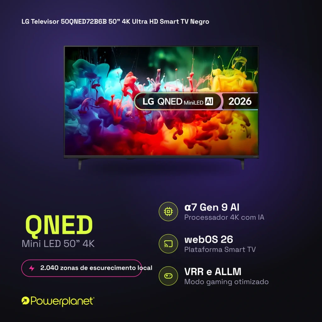 LG QNED 50QNED72B6B 50 polegadas Mini LED 4K com escurecimento local, Processador α7 Gen 9 AI, webOS 26, cores vibrantes, VRR e ALLM, design fino