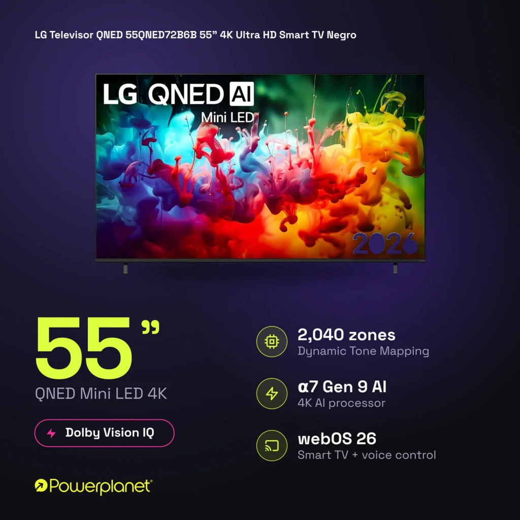 LG QNED 55QNED72B6B 55 polegadas, painel Mini LED 4K, cores vivas, contraste com 2.040 zonas, Dolby Vision IQ, processador α7 Gen 9 AI e webOS 26