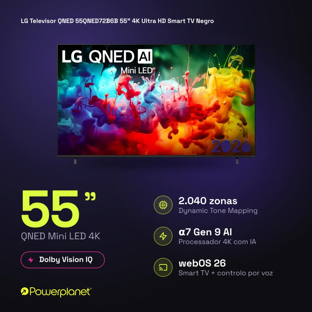 LG QNED 55QNED72B6B 55 polegadas com painel QNED Mini LED, cores vibrantes, alto contraste, bordas finas, logotipos Dolby Vision IQ e webOS 26