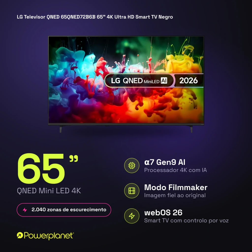 LG QNED 65QNED72B6B 65 polegadas, painel QNED Mini LED 4K com cores vibrantes, bordas finas e base dupla; suporte a Modo Filmmaker e webOS 26 com voz