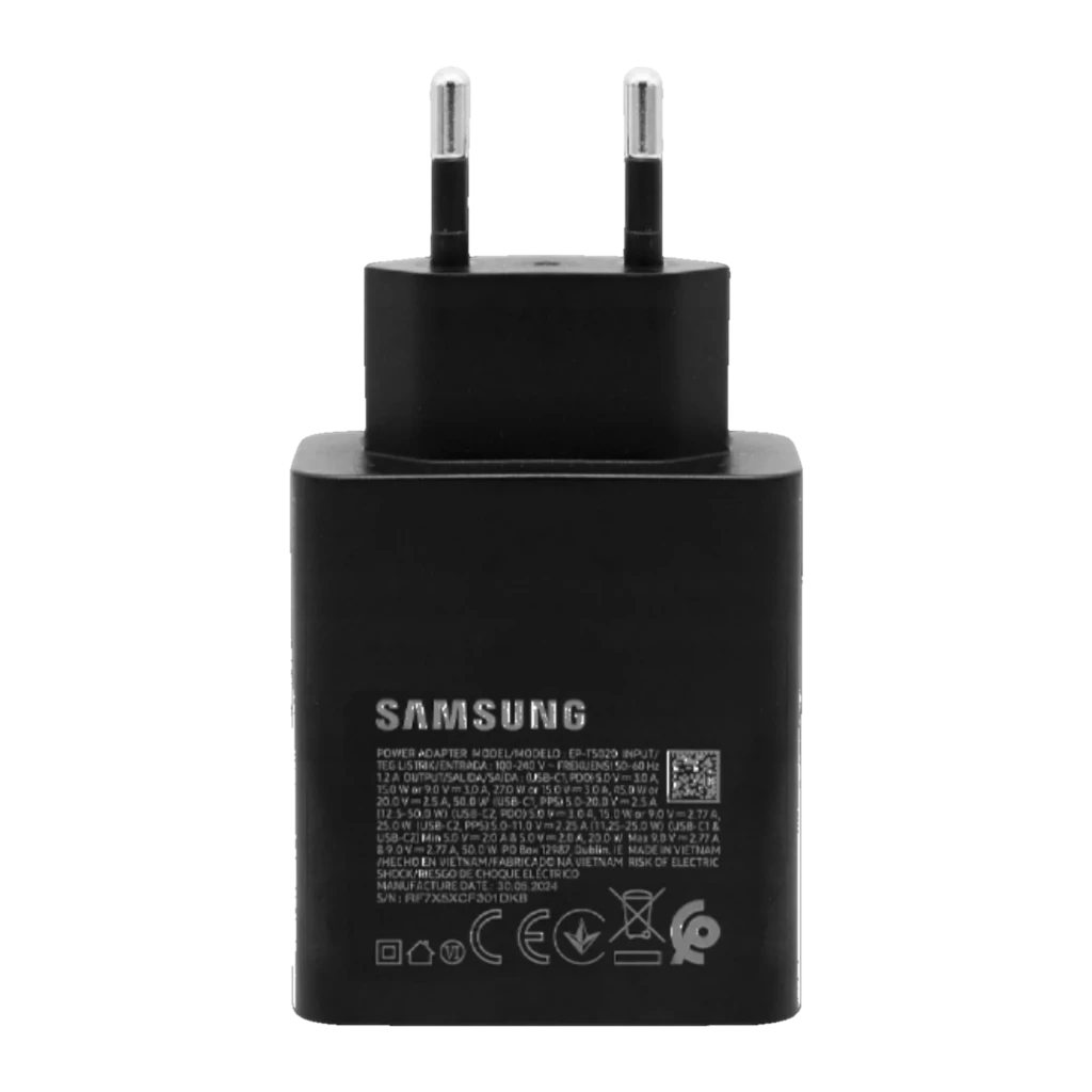 Cargador Samsung Power Duo EP-T5020 negro, 50W, enchufe europeo, dos puertos USB-C frontales, diseño compacto con logotipo Samsung y especificaciones impresas