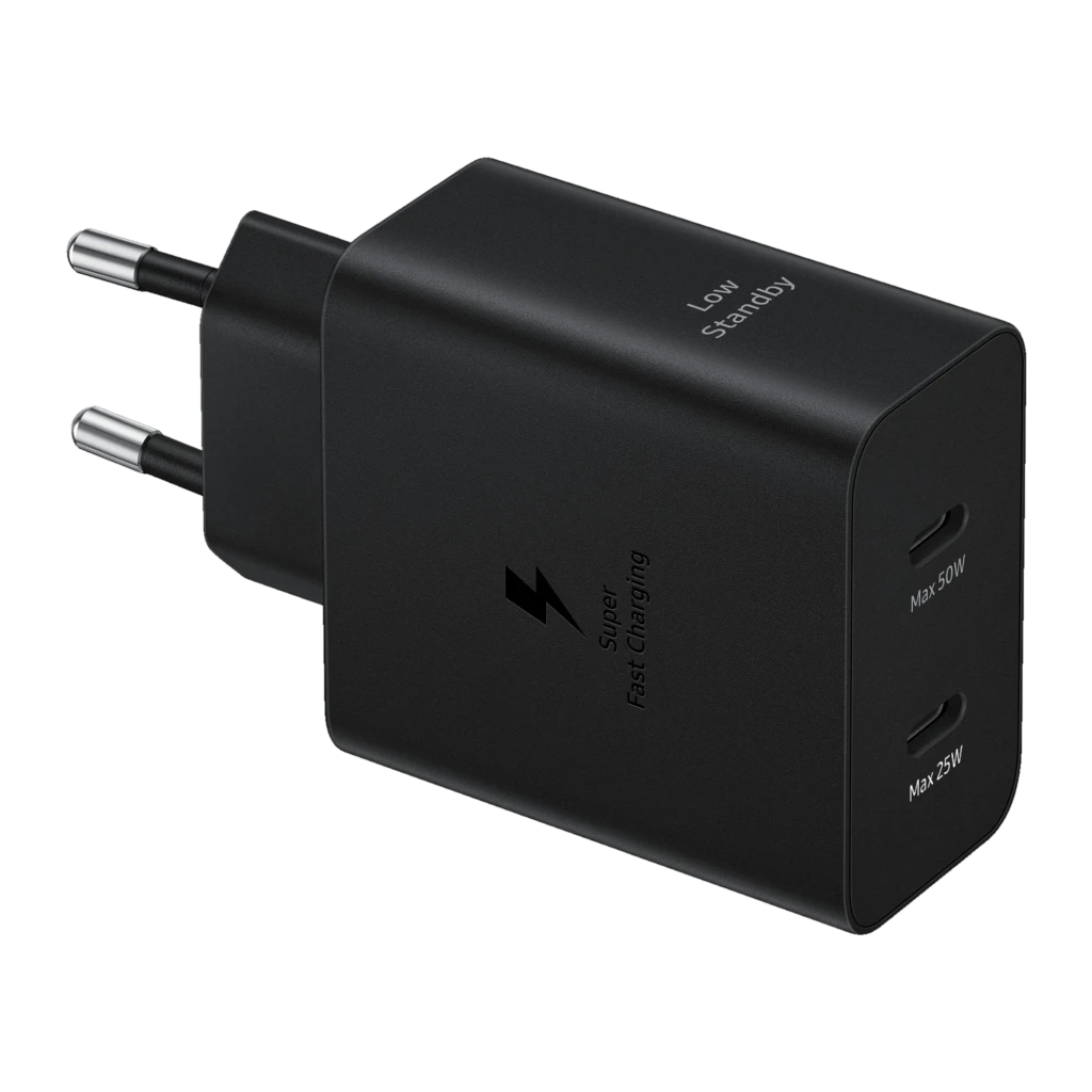 Cargador de pared negro Samsung Power Duo EP-T5020 con dos puertos USB-C frontales, salida 50W y 25W, diseño compacto con clavija europea y acabado mate