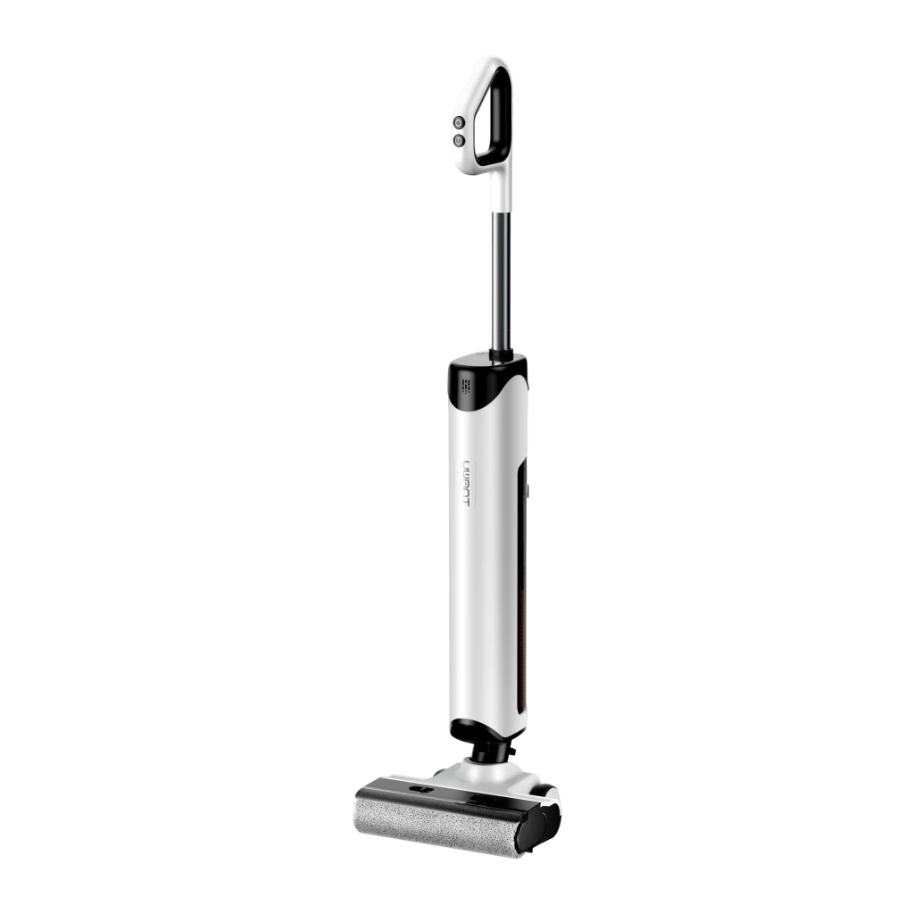 Aspiradora fregadora Uwant D500 inalámbrica en blanco y negro con rodillo frontal gris, depósito integrado y pantalla superior, diseño vertical elegante y