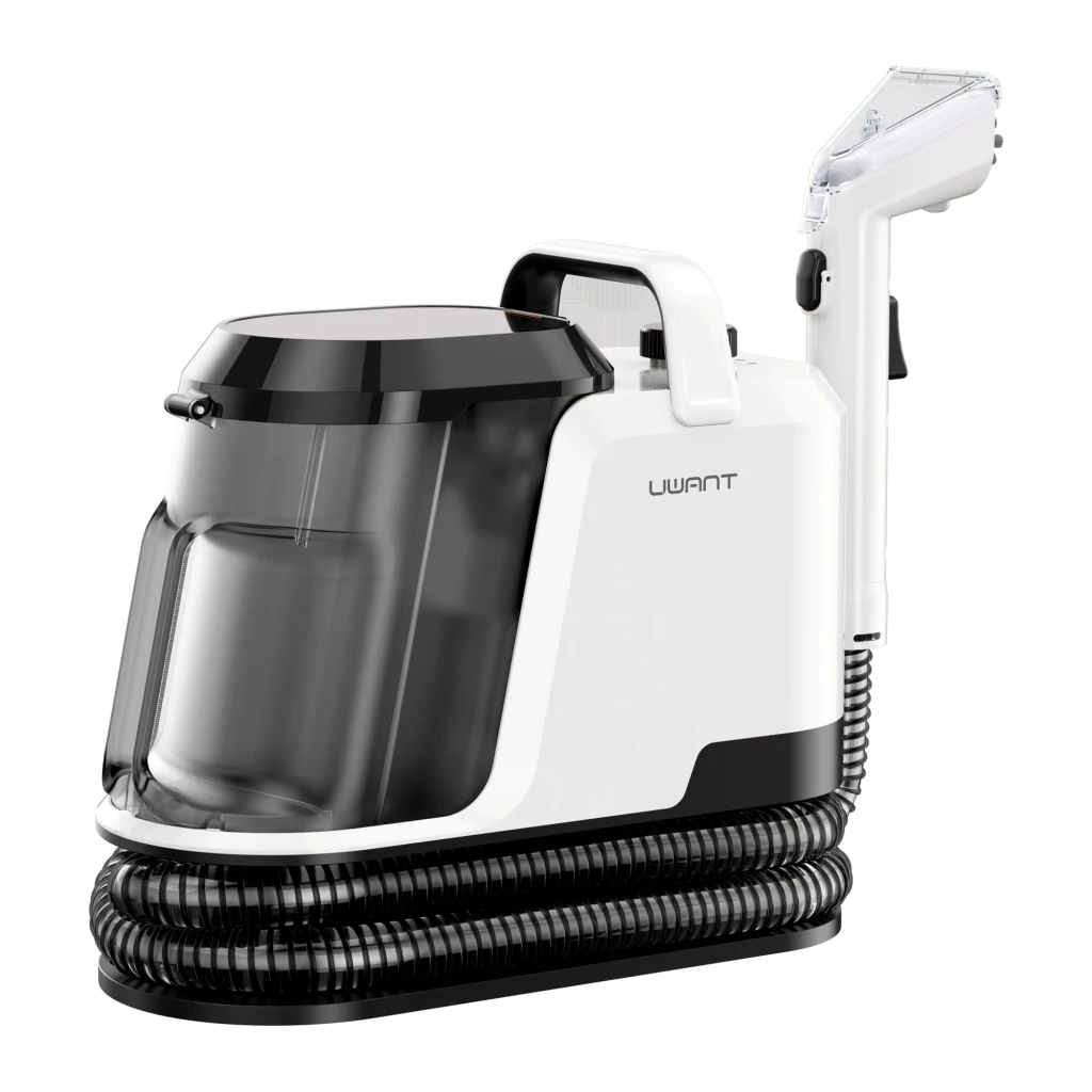Aspirateur de tissu Uwant Y100 blanc et noir avec réservoir transparent, poignée intégrée et tuyau flexible long, embout vapeur pour nettoyage en profondeur