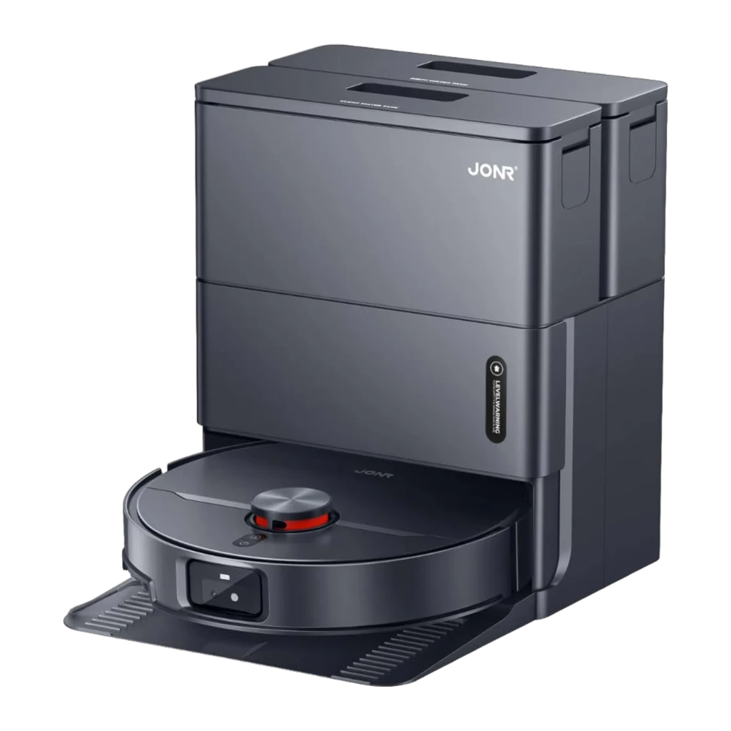 Base de autovaciado gris con robot aspirador JONR X1 Max; módulo LiDAR 3D superior, panel frontal con sensor, bandejas laterales y acabado mate moderno