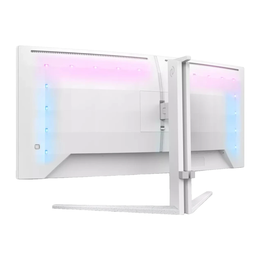 Philips Monitor Evnia 34M2C5501A 34 blanco, vista trasera: iluminación RGB azul y rosa en bordes laterales