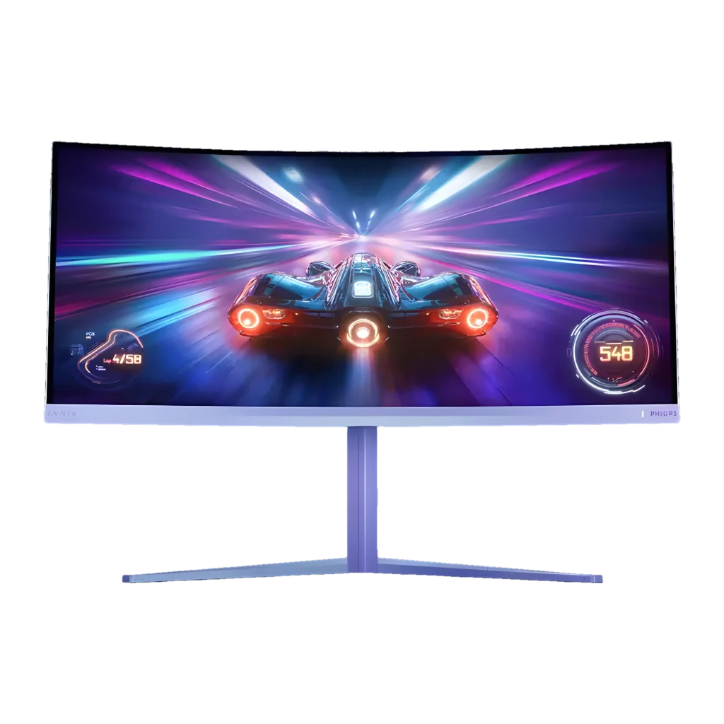 Philips Monitor Evnia 34M2C5501A 34 blanco, vista frontal: pantalla ultraancha con escena de carreras y luces de neón