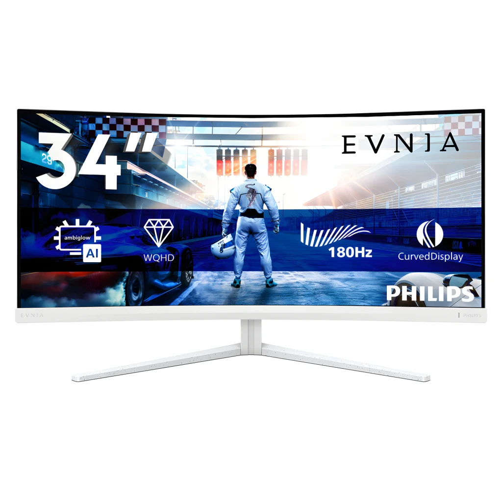 Philips Monitor Evnia 34M2C5501A 34 blanco, vista frontal: pantalla curva ultraancha con contenido gaming y especificaciones