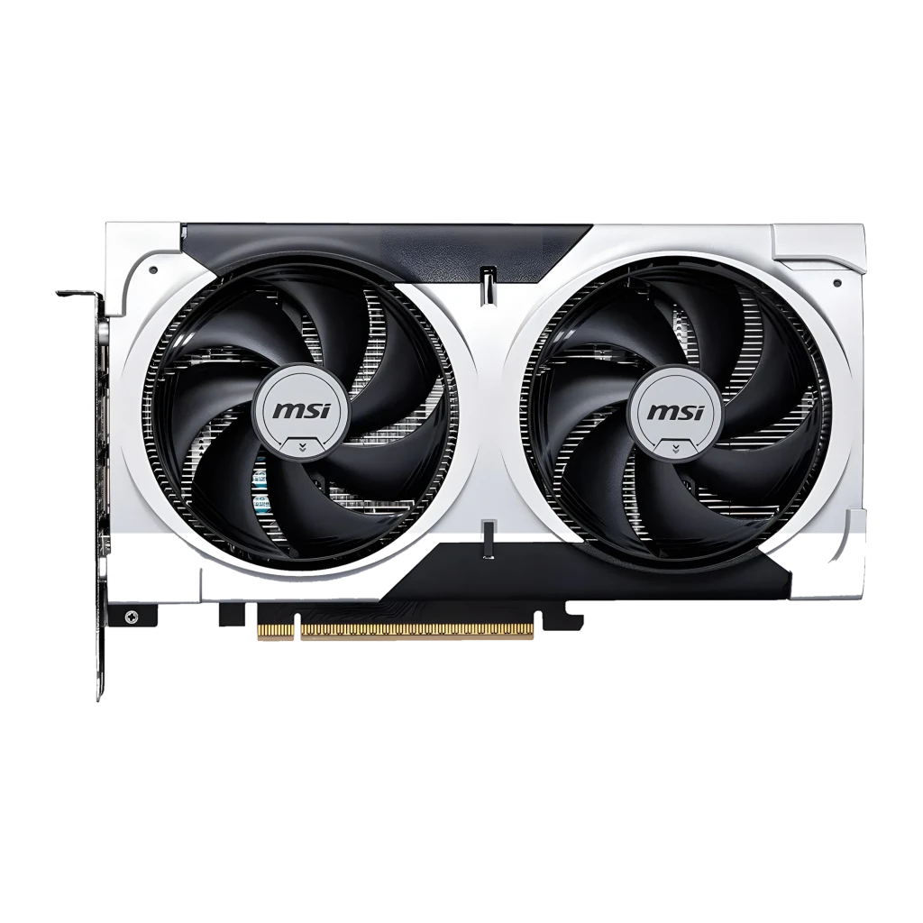 MSI GeForce RTX 5060 Ti Ventus 2X OC Plus 16GB Negro Gris, vista frontal: dual ventiladores con disipador blanco y negro