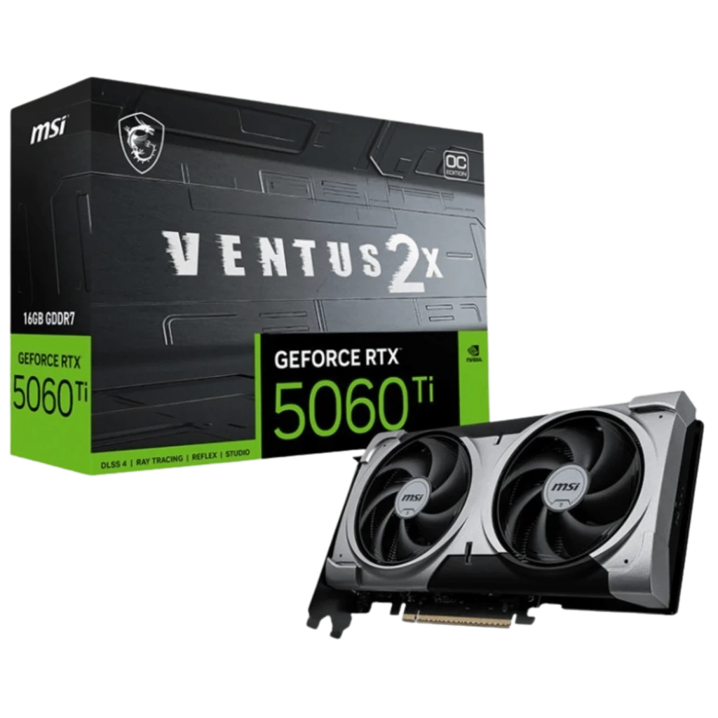 MSI GeForce RTX 5060 Ti Ventus 2X OC Plus 16GB GDDR7 con dos ventiladores negros, backplate robusto y caja negra con detalles verdes y logotipo MSI