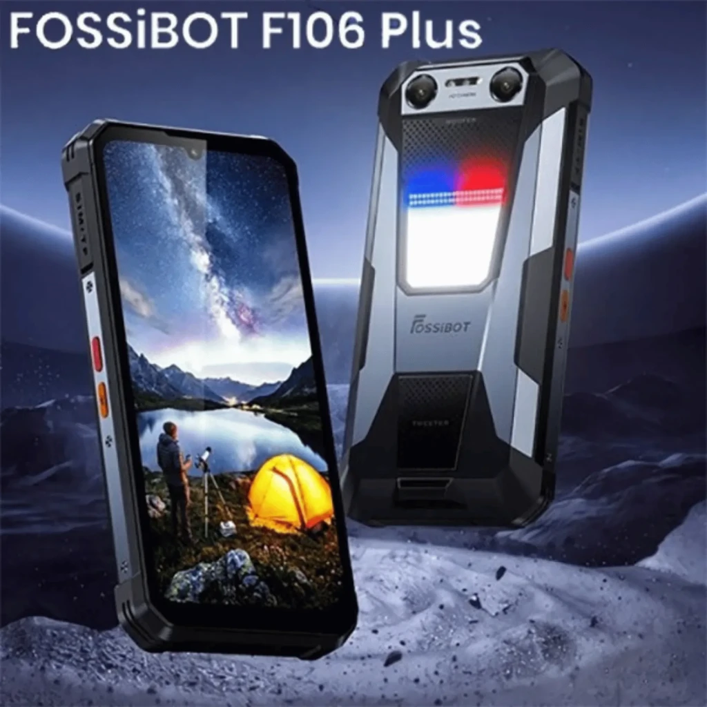 Fossibot F106 Plus rugerizado, carcasa robusta bicolor, linterna trasera 512 lm multicolor, botones laterales naranjas, pantalla con notch y biseles reforzados