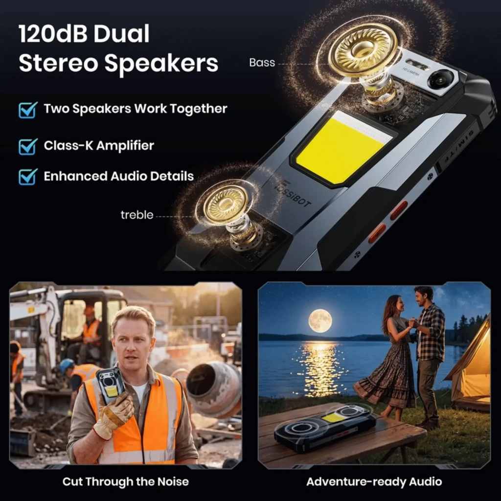 Fossibot F106 Plus rugerizado con doble altavoz estéreo 120 dB, linterna 512 lm, módulo trasero robusto y diseño resistente para exteriores