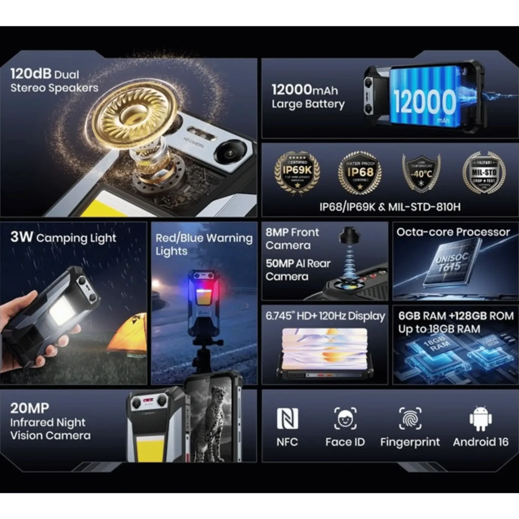 Smartphone rugerizado Fossibot F106 Plus con linterna 512 lm, pantalla 6.74 FHD+ 120 Hz, batería 12000 mAh, cámaras 50 MP y 20 MP IR, IP68/IP69K, NFC,