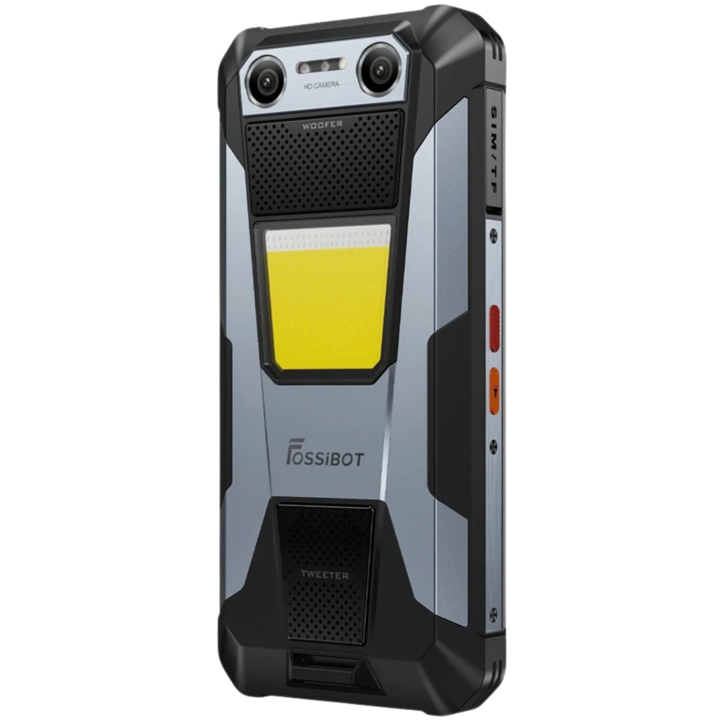 Fossibot F106 Plus rugerizado con linterna frontal 512 lm, doble cámara trasera, cuerpo robusto con esquinas reforzadas y botones laterales rojos y naranja