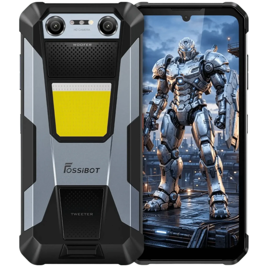 Fossibot F106 Plus rugerizado con carcasa robusta bicolor, gran linterna frontal 512 lm, doble cámara trasera, pantalla con notch y biseles reforzados