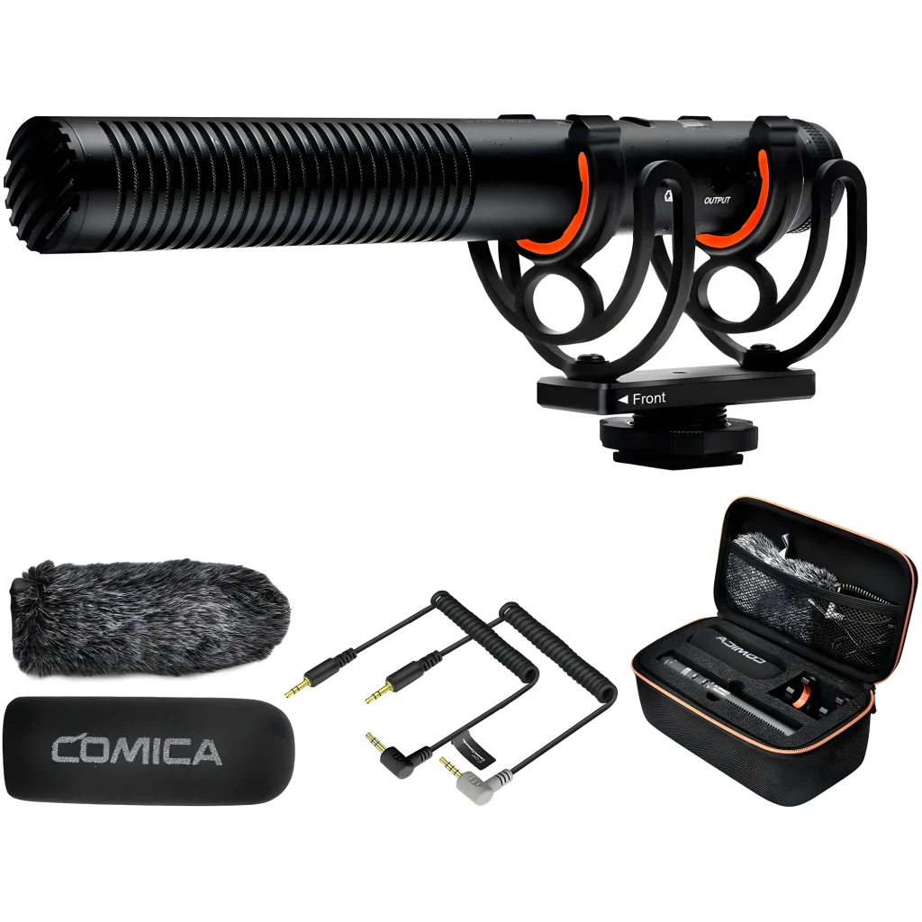 Micrófono Comica CVM-VM20 shotgun supercardioide negro con montura antishock naranja, ranuras laterales, paravientos peludo, cables TRS/TRRS y estuche rígido