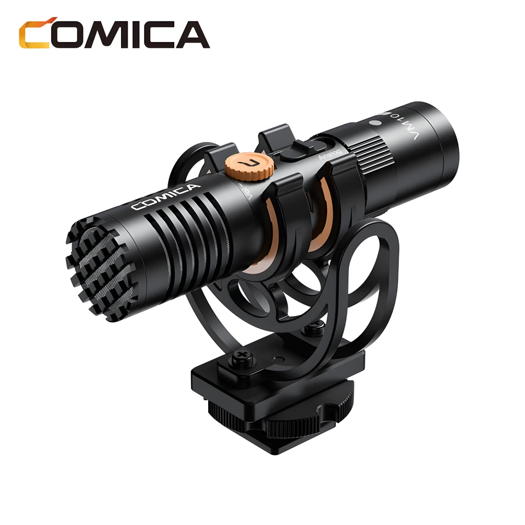 Micrófono Comica VM10 Pro de condensador, patrón supercardioide, montaje antivibración, cuerpo metálico negro, puerto USB-C y zapata para cámara/smartphone