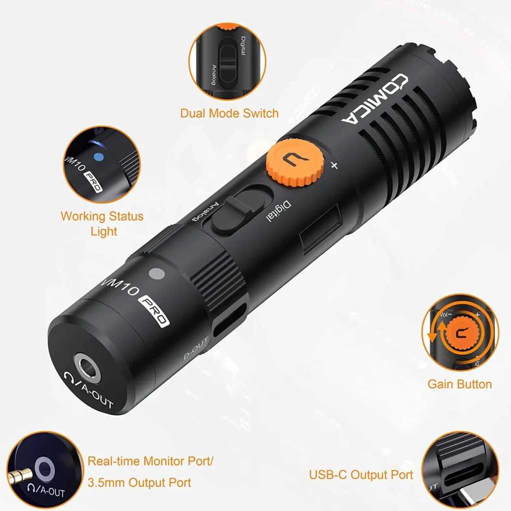 Micrófono Comica VM10 Pro condensador supercardioide USB-C, cuerpo negro con luz de estado, botón de ganancia, switch dual, salidas 3.5 mm y USB-C