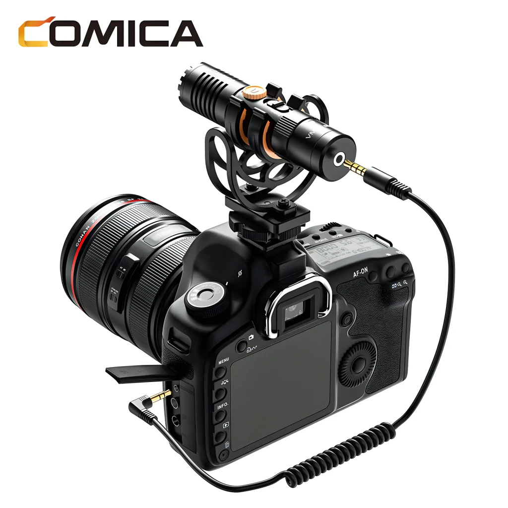 Micrófono Comica VM10 Pro supercardioide de condensador, montado en cámara DSLR con soporte antivibración, entrada USB-C y cable en espiral 3.5 mm