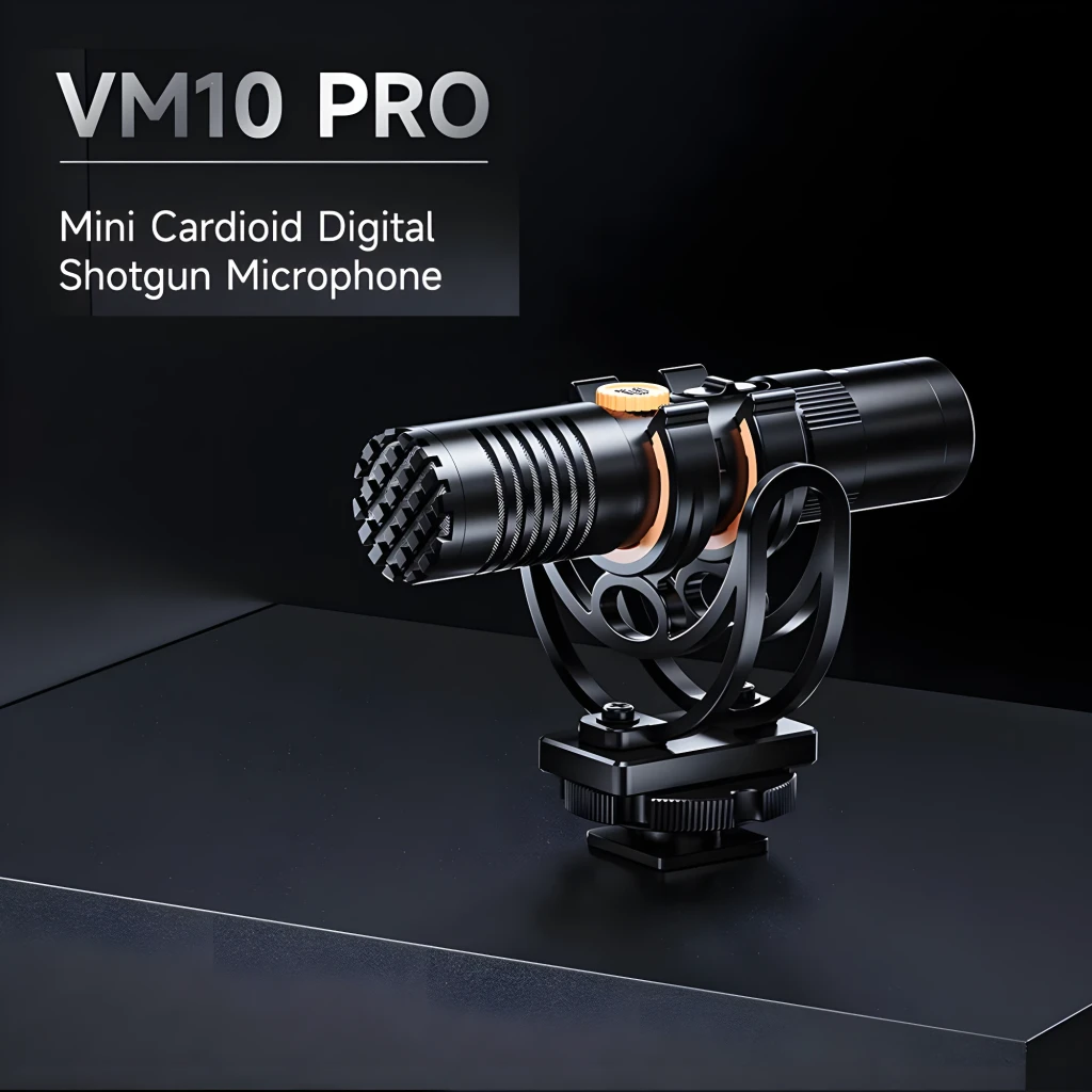 Micrófono Comica VM10 Pro condensador supercardioide USB-C, diseño negro metálico, formato shotgun compacto con suspensión antivibración y zapata para