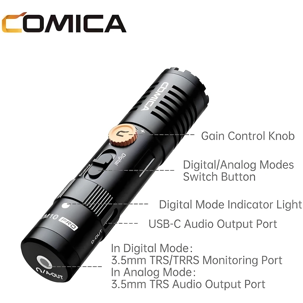 Micrófono Comica VM10 Pro condensador supercardioide USB-C, perilla de ganancia, interruptor digital/analógico, luz indicadora y salidas 3.5 mm TRS/TRRS