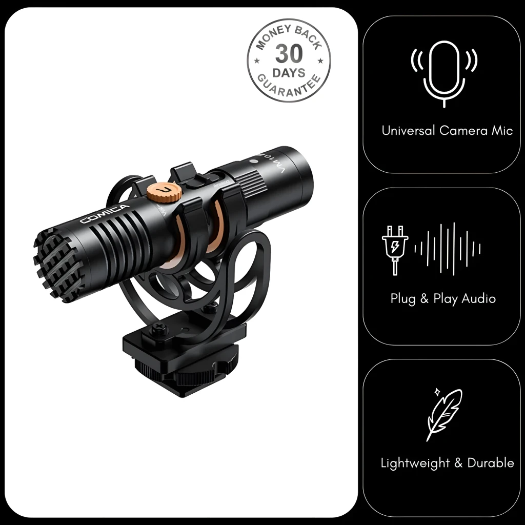 Micrófono Comica VM10 Pro condensador supercardioide USB-C, compacto en negro con montura antivibración, zapata para cámara y diseño ligero y resistente