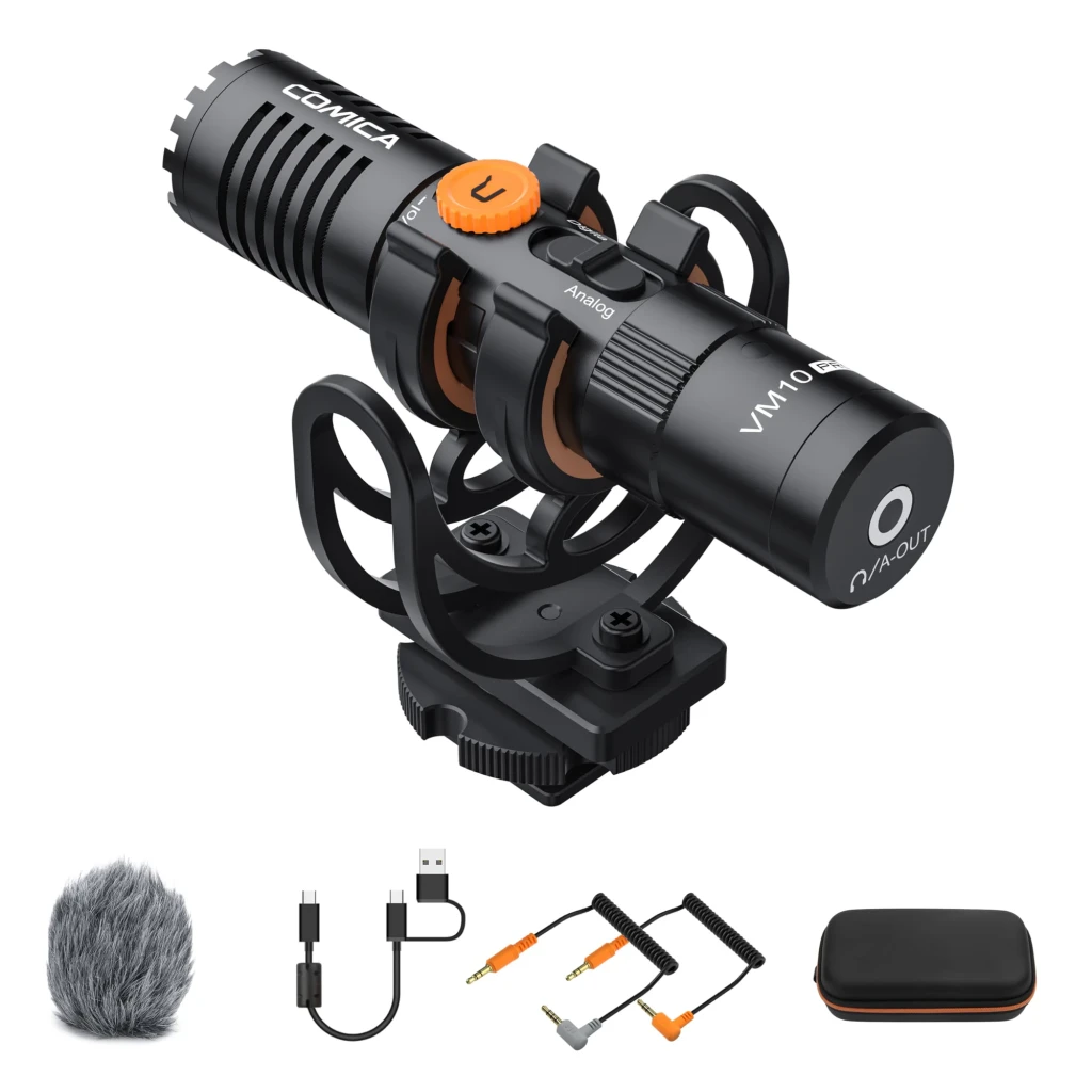 Micrófono Comica VM10 cardioide compacto con shock mount, perilla naranja, salida 3,5 mm, puertos USB-C, incluye deadcat, cables TRS/TRRS, estuche rígido
