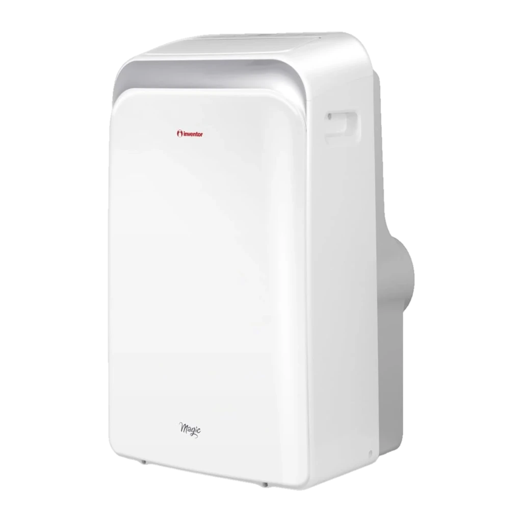Climatiseur portable blanc Inventor Magic R290 avec pompe à chaleur, façade lisse arrondie, écran discret, sortie arrière pour gaine, 3027 frigories