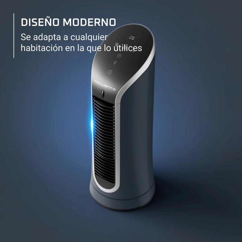Ventilador de torre compacto gris con panel táctil superior, luz LED azul, rejilla frontal vertical y diseño moderno para sobremesa
