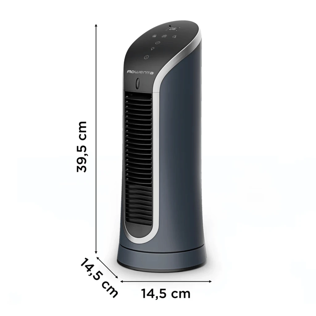 Ventilador de torre compacto Rowenta Eole Compact VU6220 con flujo 3D, panel táctil superior, acabado gris oscuro y medidas 39,5 x 14,5 x 14,5 cm