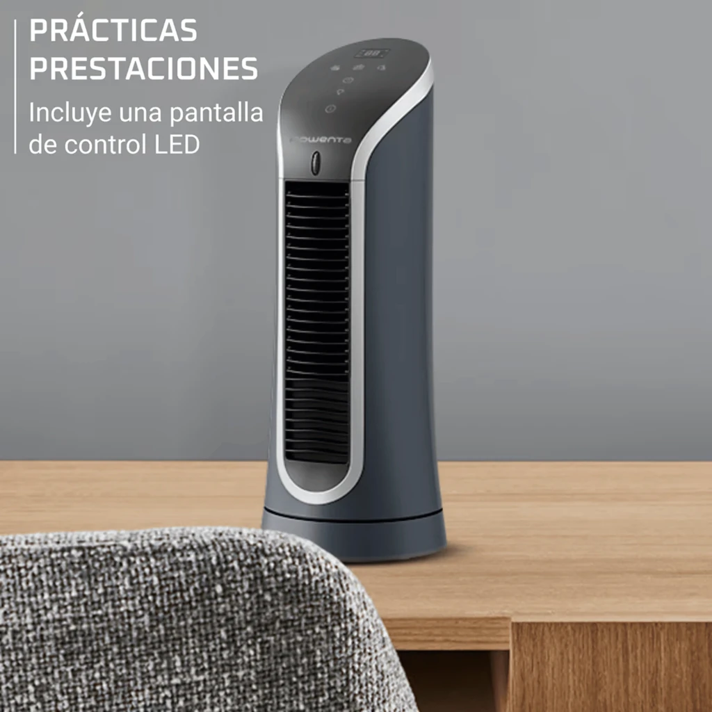 Ventilador de torre de sobremesa compacto y elegante en gris oscuro, rejilla vertical, panel de control LED superior táctil y base estable para escritorio