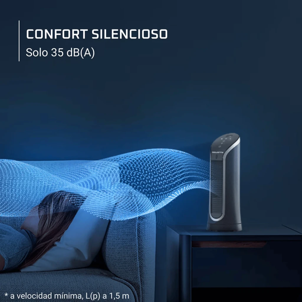 Ventilador de torre compacto en negro con panel superior táctil y flujo de aire 3D azul, diseño silencioso 35 dB ideal para mesa y espacios pequeños