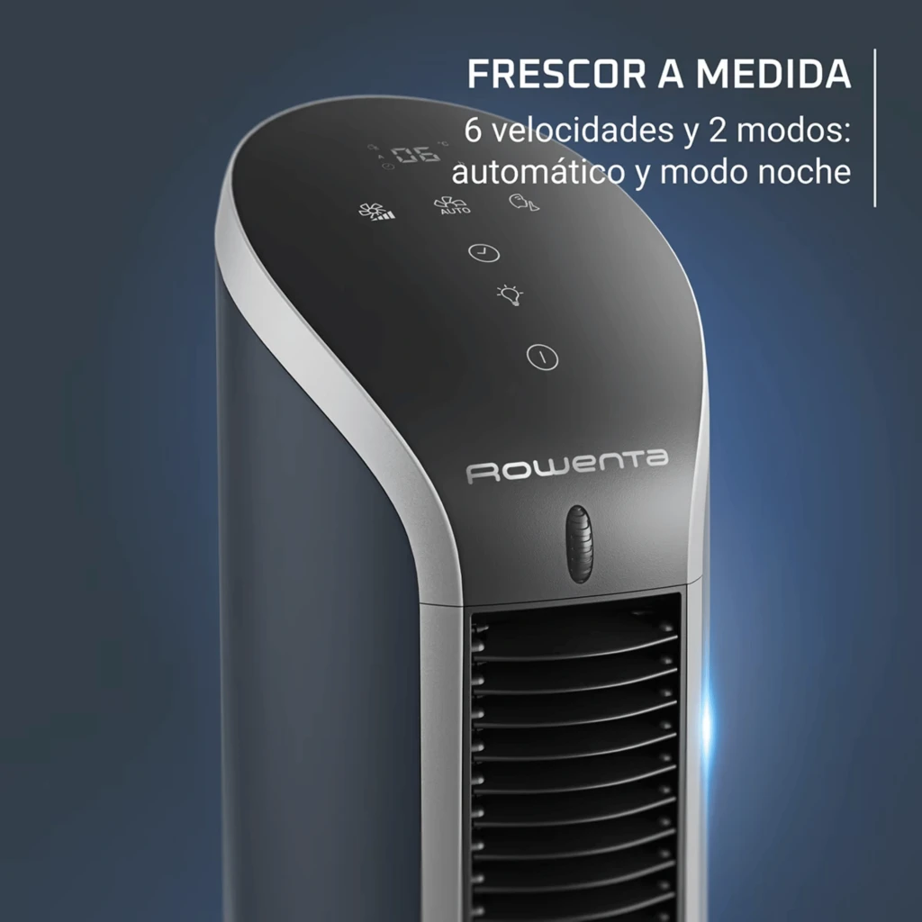 Ventilador de torre Rowenta Eole Compact VU6220 con panel táctil, pantalla LED, 6 velocidades, modos automático y noche, diseño compacto en gris y negro