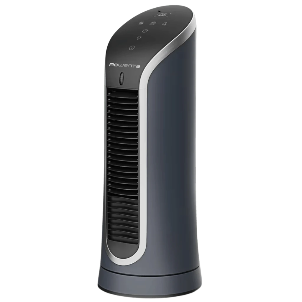 Rowenta Eole Compact VU6220 3D Airflow, ventilador de torre de sobremesa gris oscuro con panel táctil superior, rejilla frontal vertical y diseño compacto
