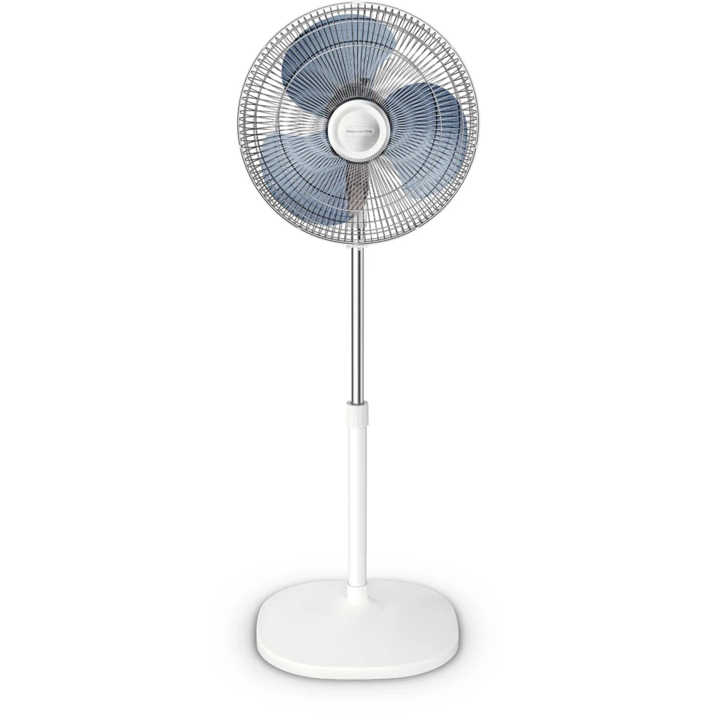 Ventilador de pie Rowenta Essential VU4410, 55W, 3 velocidades, 3 aspas azules, rejilla metálica, altura regulable y base estable blanca