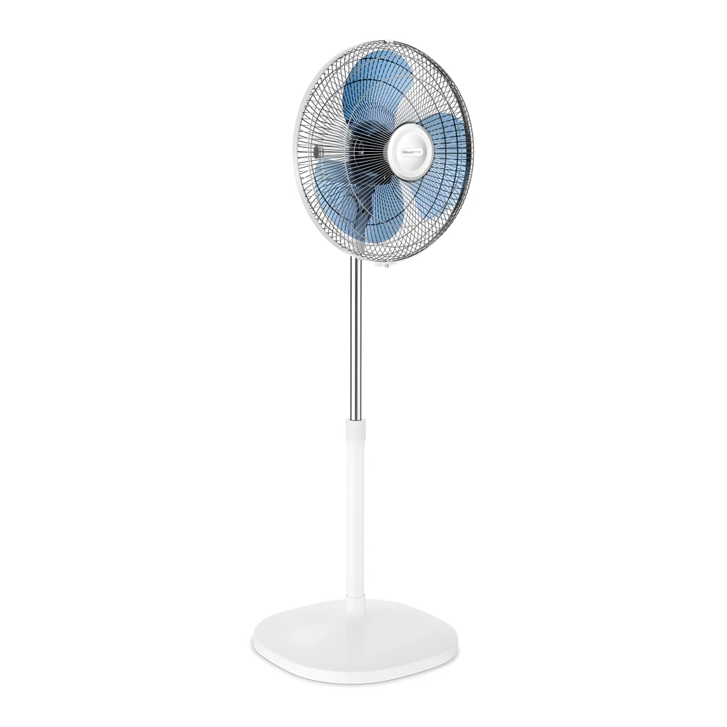 Ventilador de pie Rowenta Essential VU4410, 55W, 3 aspas azules, rejilla metálica, altura regulable y base estable blanca con control frontal de velocidades