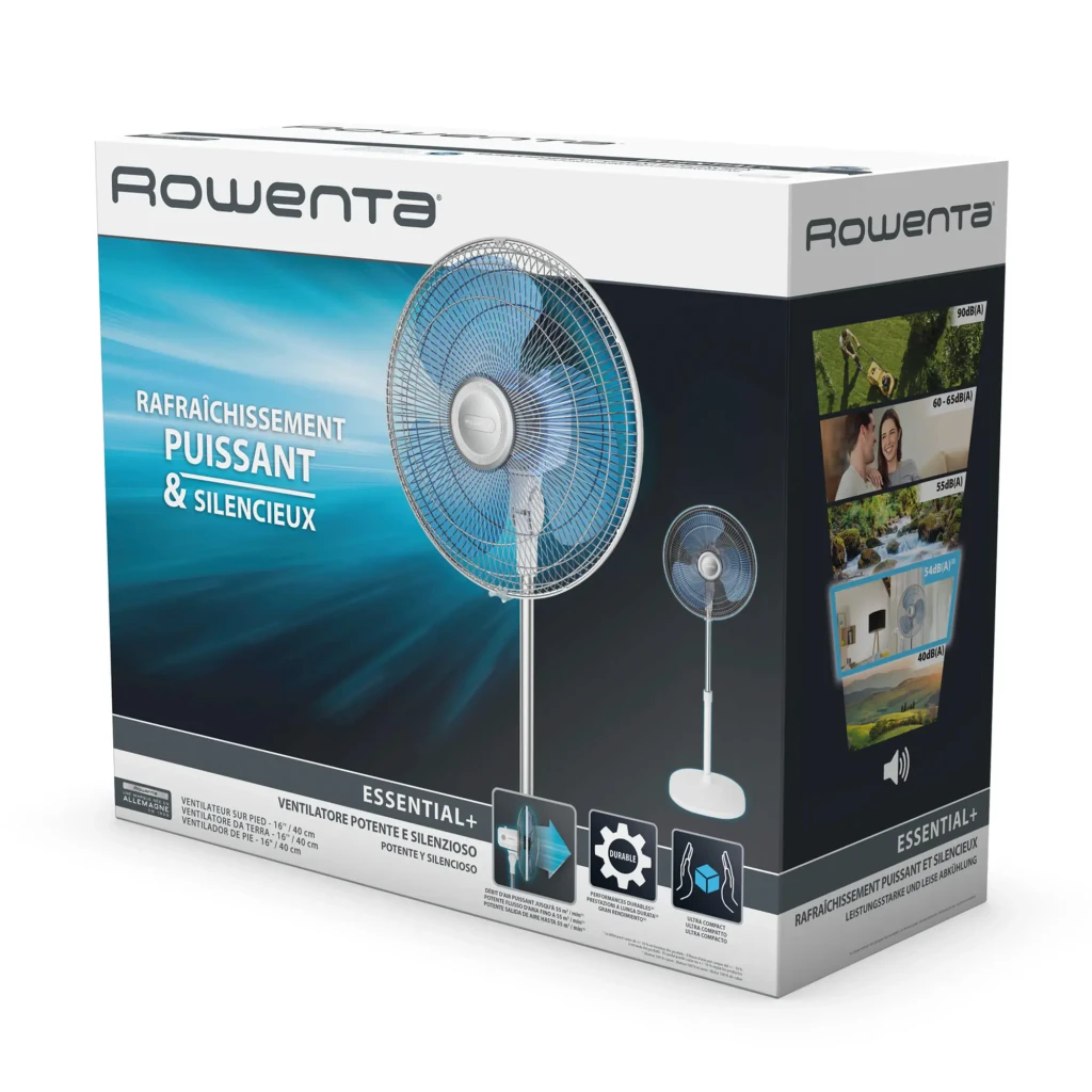 Ventilador de pie Rowenta Essential VU4410, 55W, 3 velocidades. Diseño en rejilla metálica, base redonda estable y altura regulable. Color blanco y azul.
