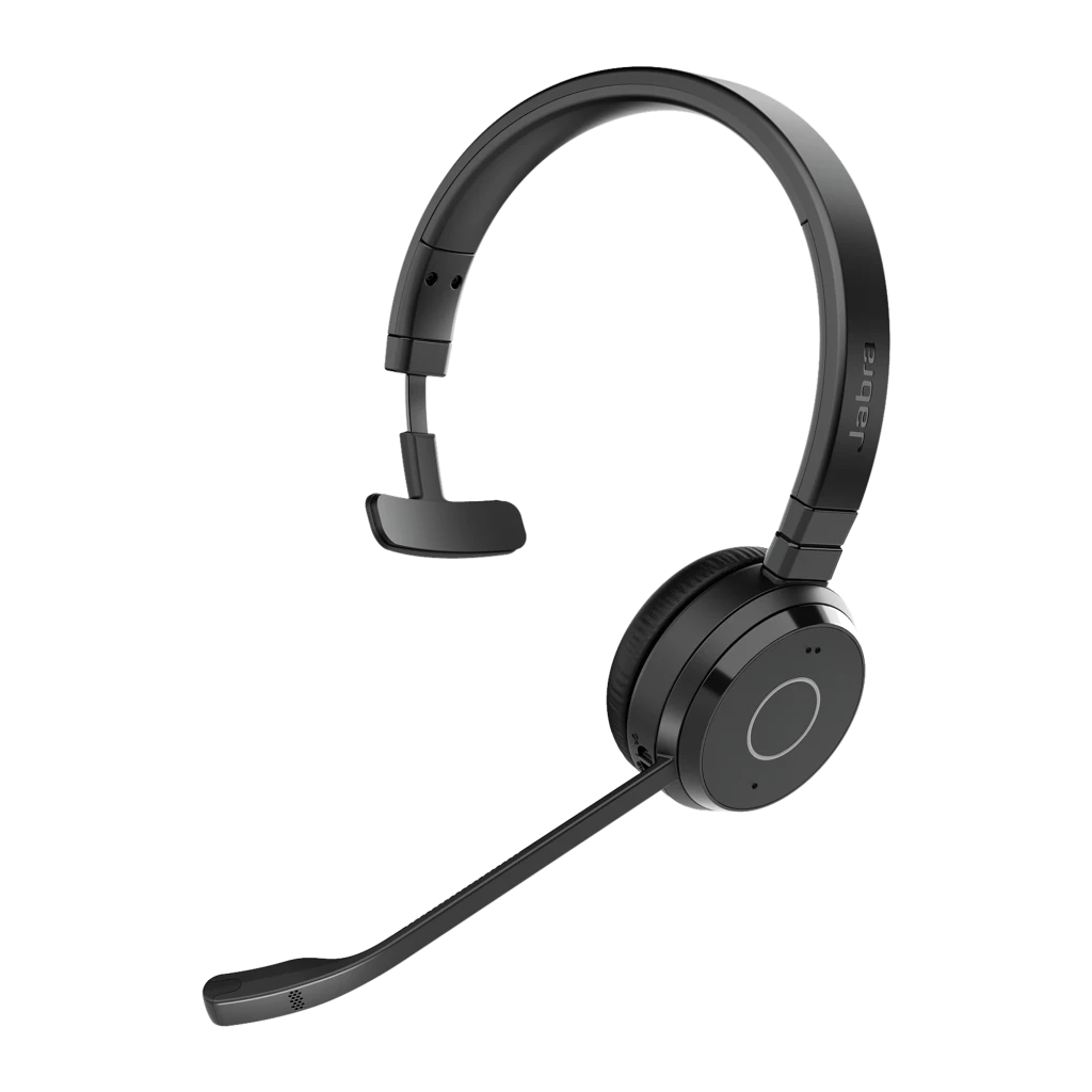 Jabra Evolve 65 TE UC Mono Noir, vue latérale: casque monoaural avec serre-tête et micro flexible