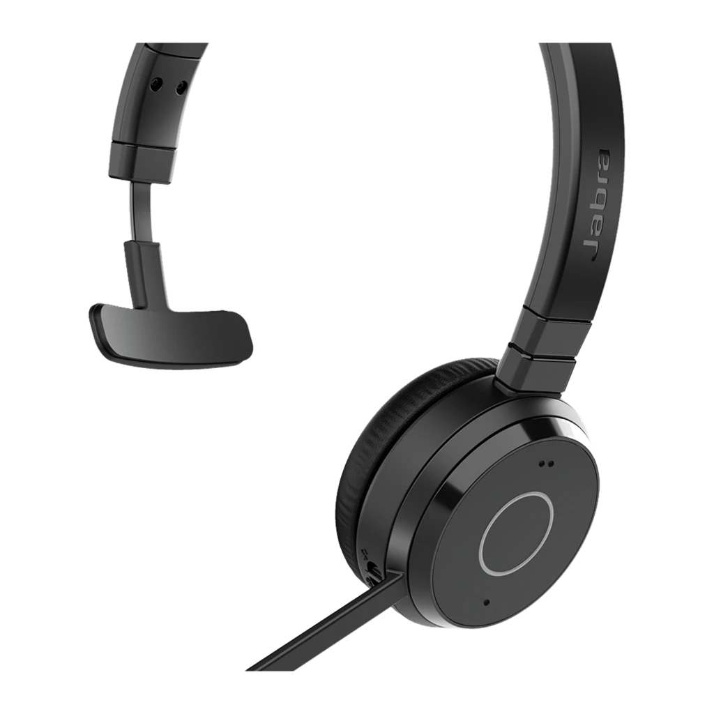 Jabra Evolve 65 TE UC Mono Noir, vue arrière: casque avec socle de charge et microphone rétractable