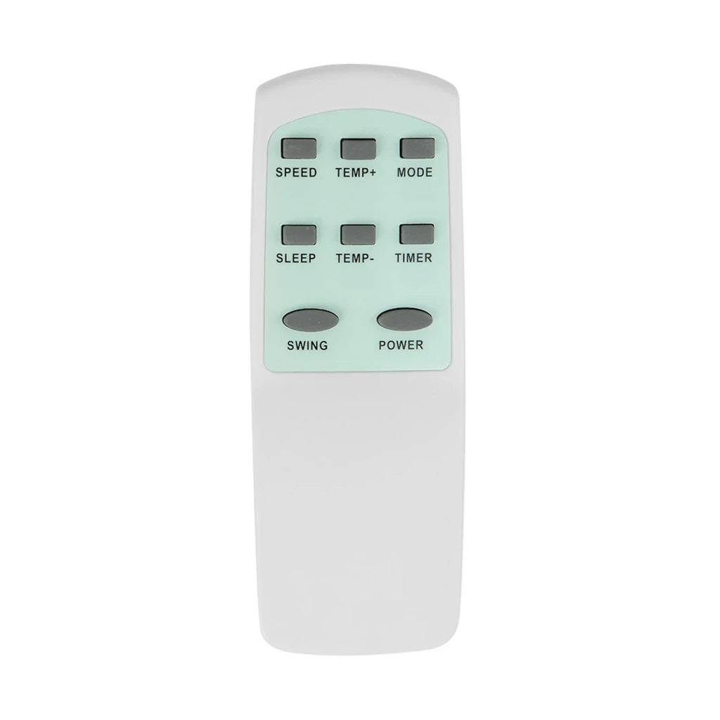 Mando a distancia blanco con panel verde menta y 10 botones: speed, temp+, mode, sleep, temp−, timer, swing y power para aire acondicionado portátil