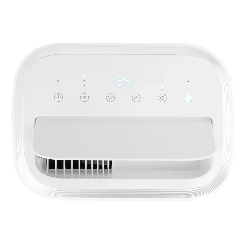 Panel superior del aire acondicionado portátil Orbegozo ADR 122 con pantalla LED 24, botones táctiles, salida de aire frontal y rejilla lateral en color