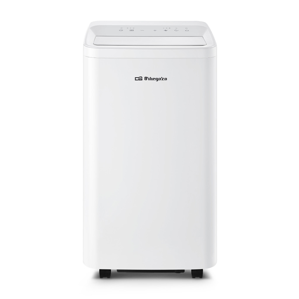 Climatiseur portable Orbegozo ADRW 12050 blanc sur roulettes, panneau supérieur tactile minimaliste, lignes épurées, format compact avec bords arrondis