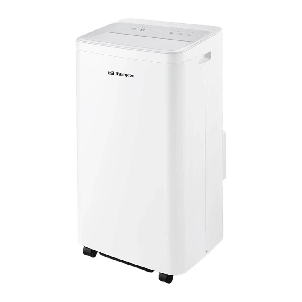 Climatiseur portable Orbegozo ADRW 12050 blanc, design épuré, panneau de contrôle supérieur tactile, poignées latérales et roulettes pour déplacement