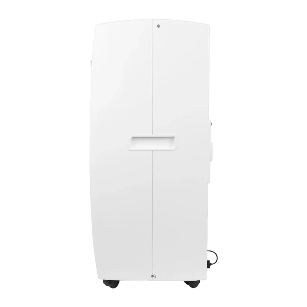 Climatiseur portable blanc au design épuré, panneau lisse avec poignée encastrée centrale, roulettes discrètes pour déplacement, câble latéral visible