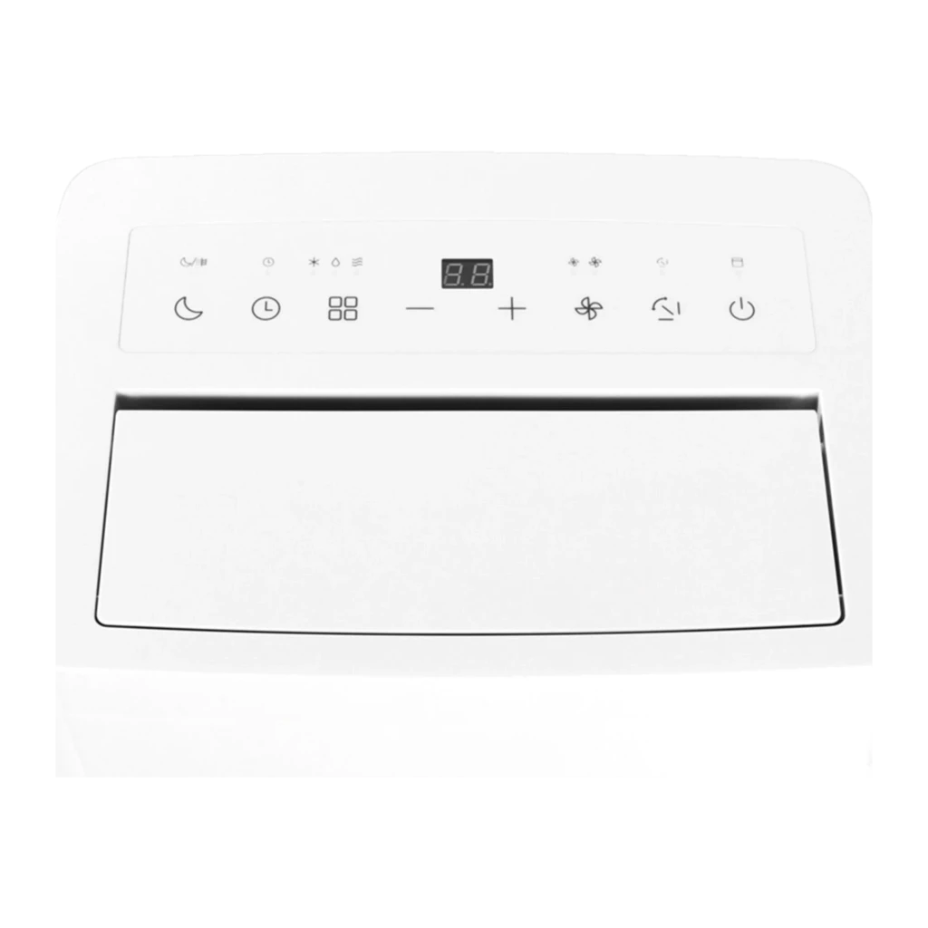 Climatiseur portable Orbegozo ADRW 12050 avec panneau supérieur blanc, écran LED central, commandes tactiles, icônes modes, boutons plus et moins, grille