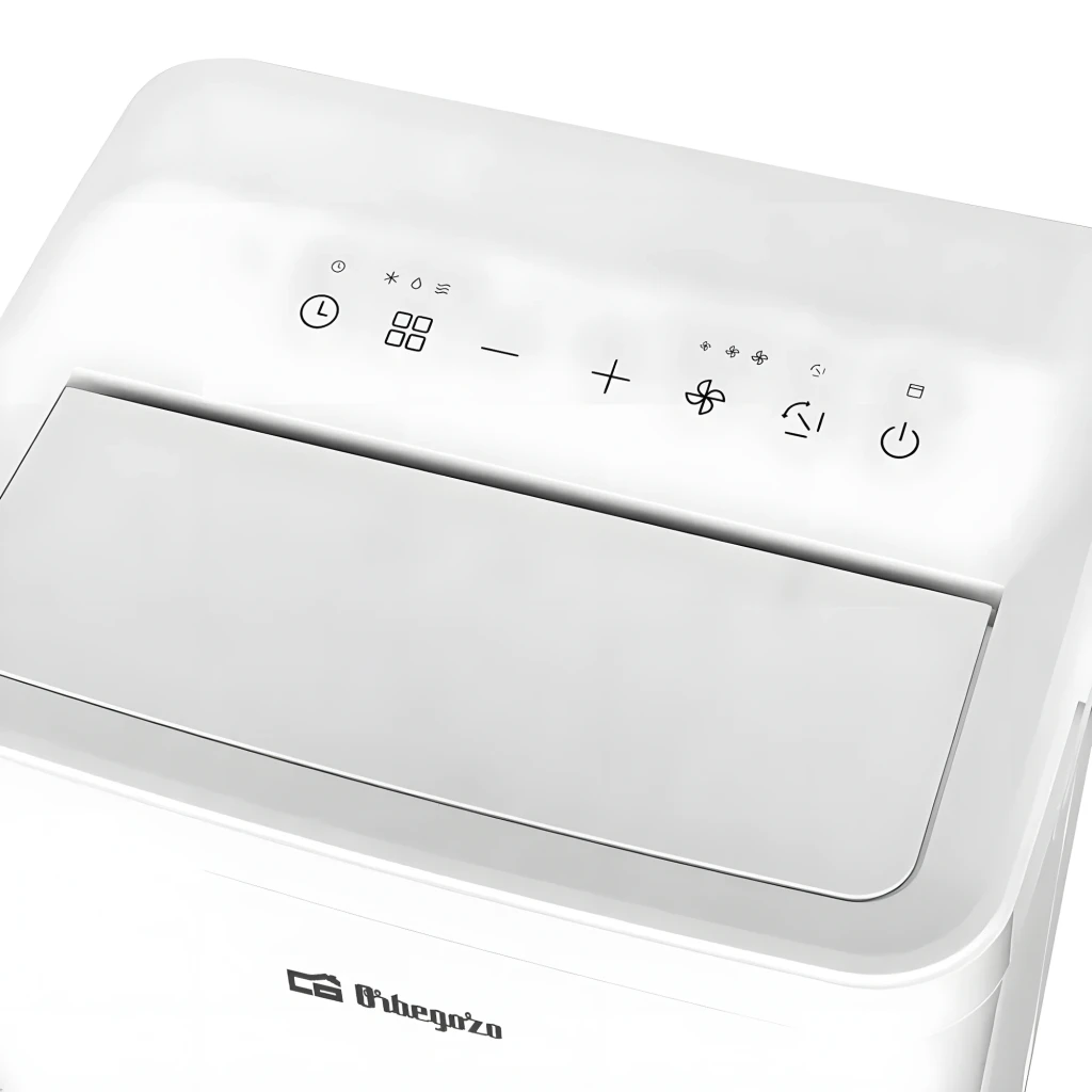 Climatiseur portable Orbegozo ADRW 12050 avec panneau tactile, voyants LED, boutons plus et moins, icônes ventilateur et Wi-Fi, finition blanche élégante