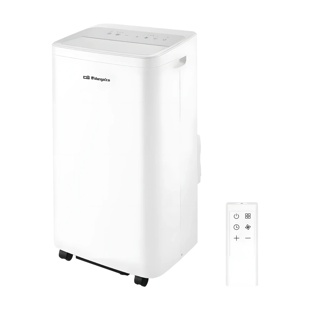Climatiseur portable Orbegozo ADRW 12050 blanc, design épuré avec panneau tactile supérieur, roulettes discrètes et télécommande minimaliste assortie