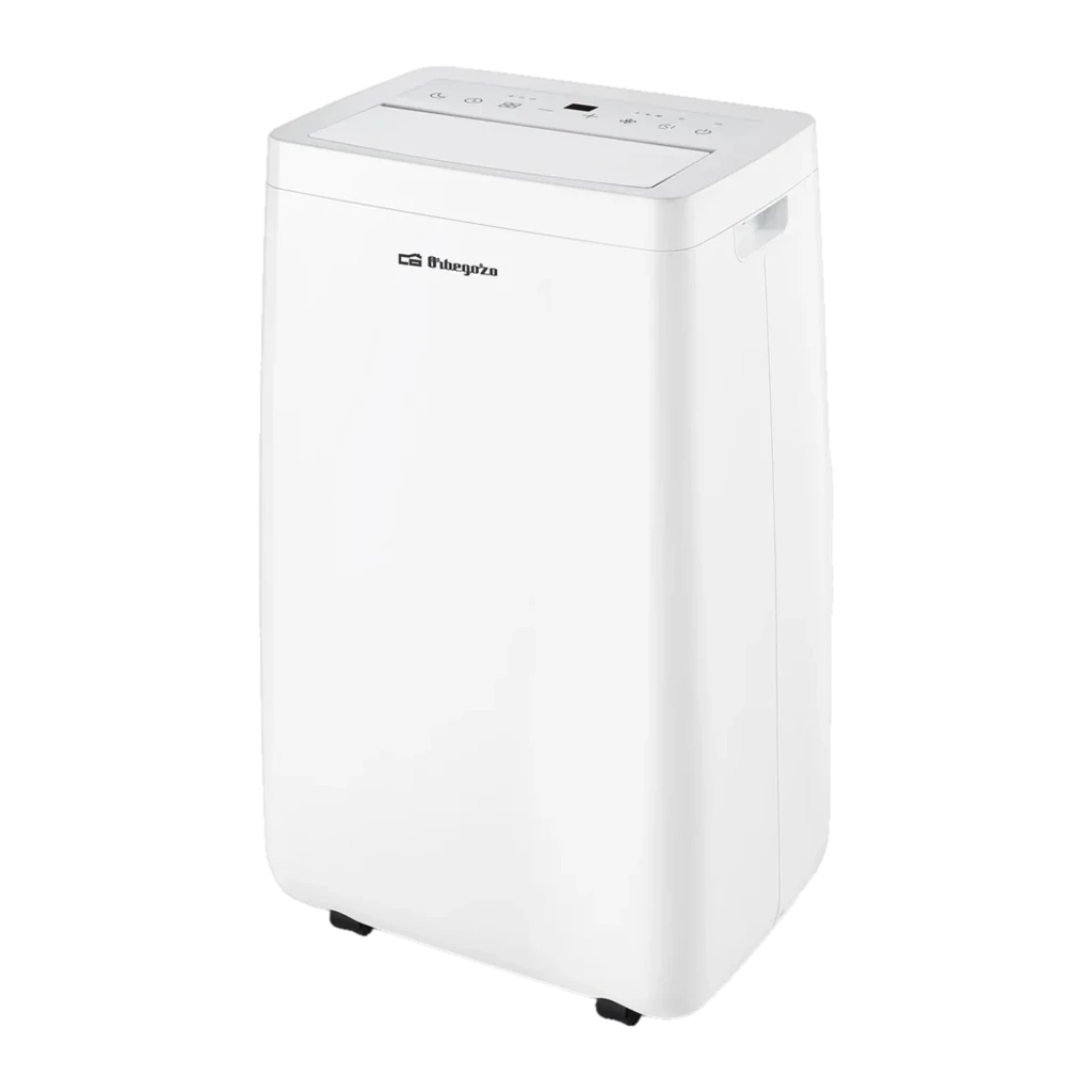 Unidad portátil blanca con panel superior táctil, asas laterales y ruedas; diseño compacto y minimalista adecuado para enfriar estancias de hasta 30 m²