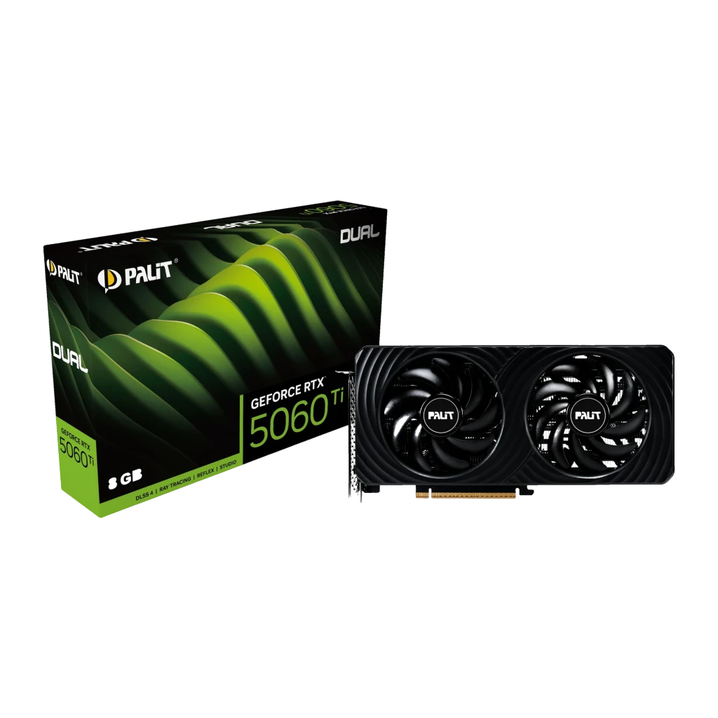 Palit RTX 5060 Ti Dual 8GB negro, caja abierta: tarjeta y embalaje verde