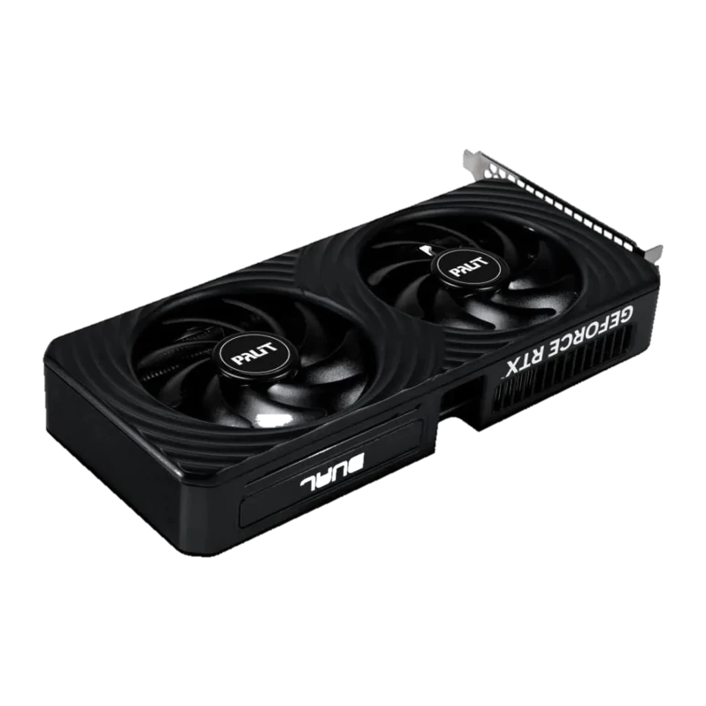 Palit RTX 5060 Ti Dual 8GB negro, ángulo 3/4: conectores traseros y ventiladores
